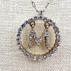 Vintage 90s Liz Claiborne Initial M Circle Pendant Necklace Gold Tone Rhinestone